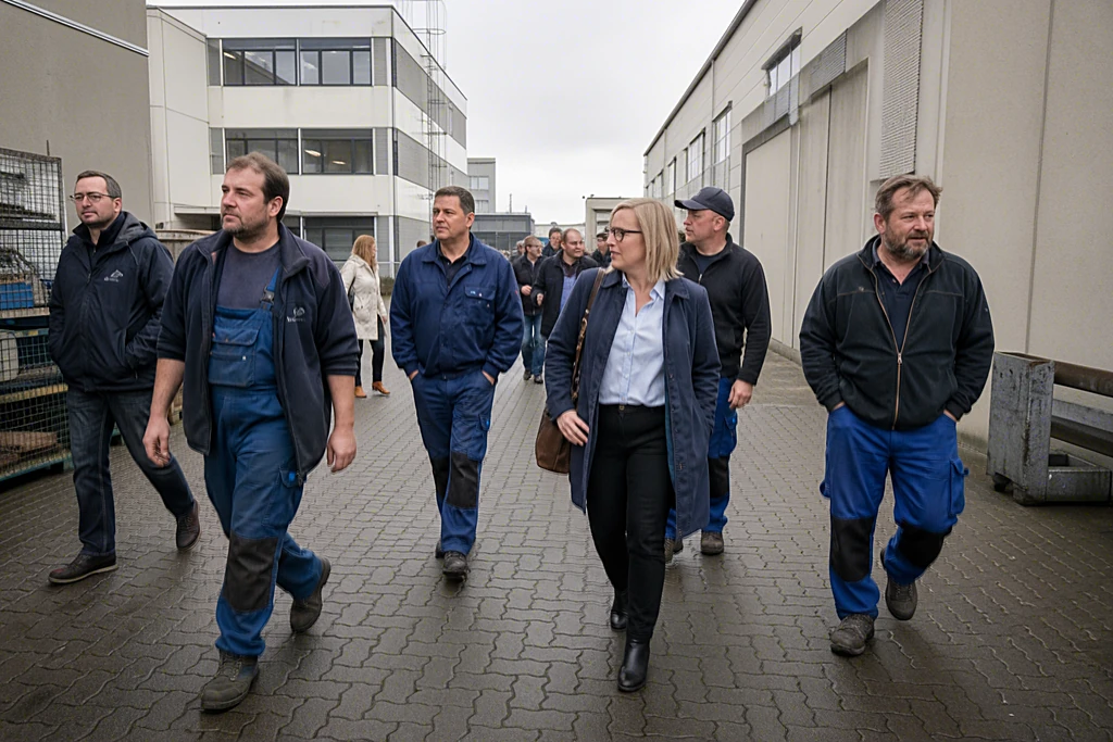 Beschäftigte in Arbeitskleidung und Bürokleidung überqueren morgens einen Hof zwischen Betriebsgebäuden