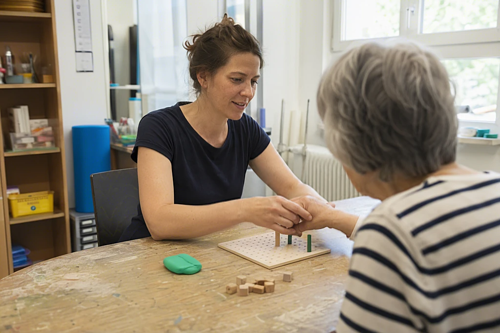 Ergotherapeutin übt mit einer Patientin Handbewegungen an einem Tisch in einer hellen Praxis