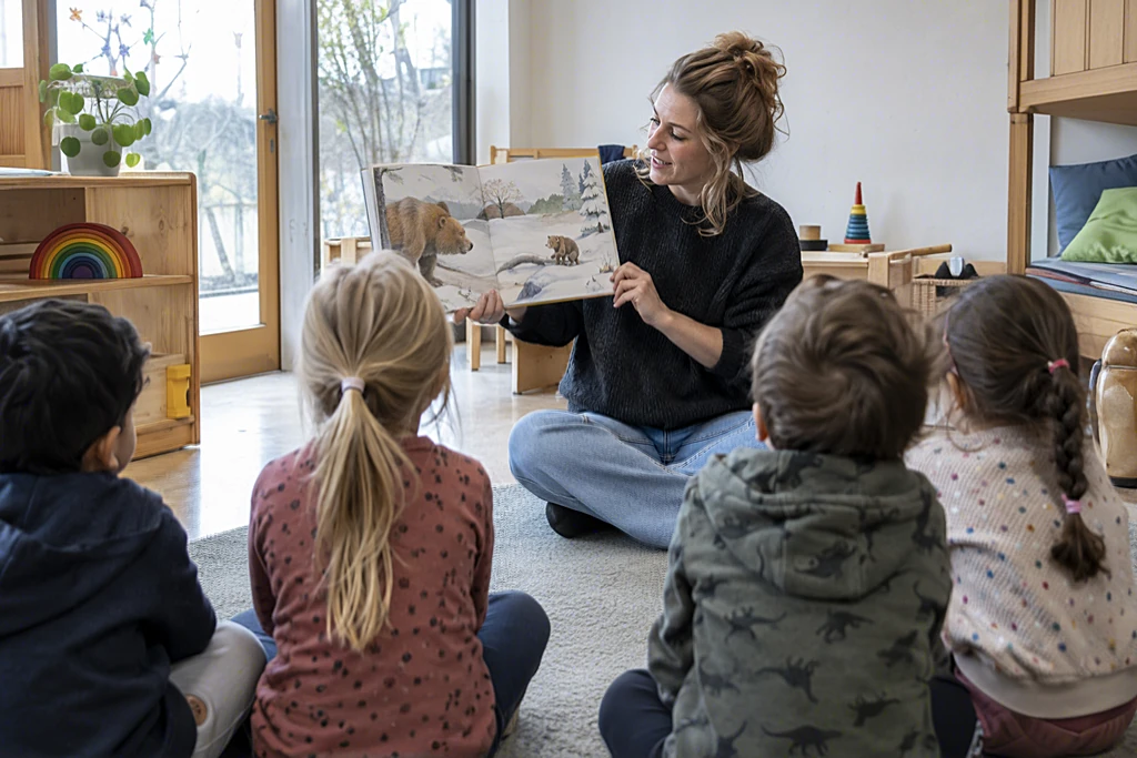 Erzieherin sitzt im Gruppenraum auf dem Boden und zeigt vier Kindern ein Bilderbuch