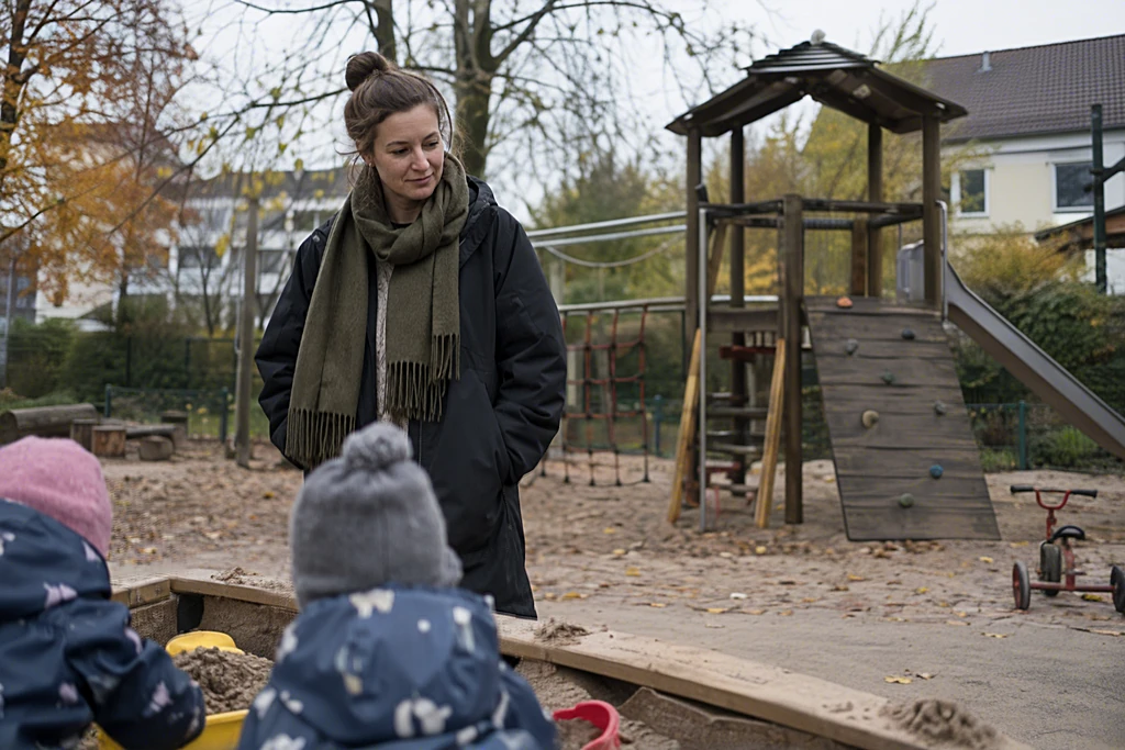 Erzieherin auf dem Außengelände einer Kindertagesstätte neben einem Sandkasten, im Hintergrund ein Klettergerüst