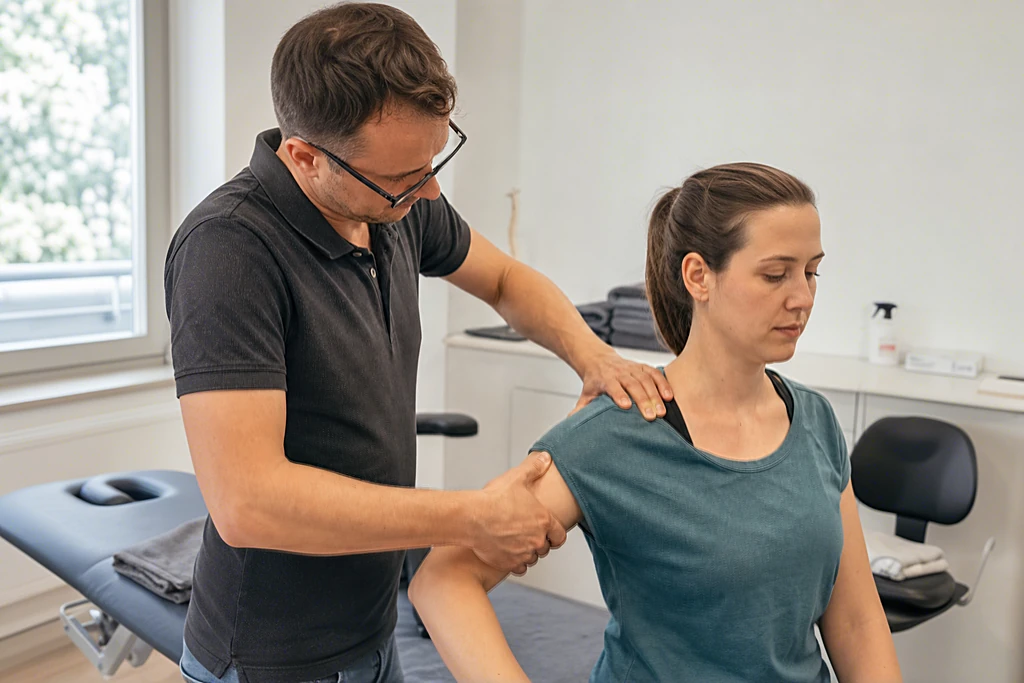 Physiotherapeut behandelt die Schulter einer Patientin in einer hellen Praxis